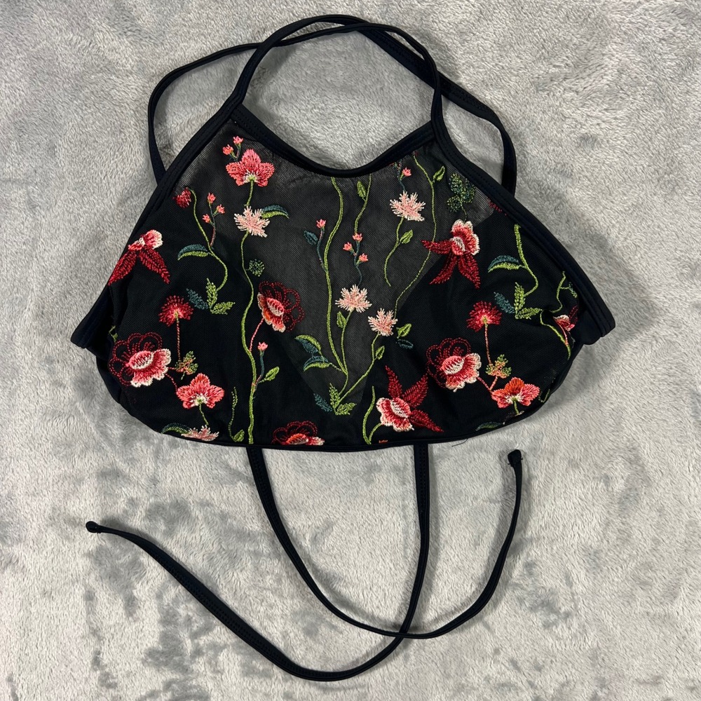 Xhilaration Bikini Top Womens Small Black Excellent Floral Mesh High Neck Halter